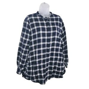 Lands End Pullover Tunic Shirt Top 100% Cotton Blue White Plaid Womens‎ Sz XL 18